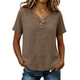 thumbnail image 2 of Paiwinds Women's Linen Blend V-Neck Short Sleeve Top with Button Detail - Loose Casual Summer Shirt in Beige, 2 of 9