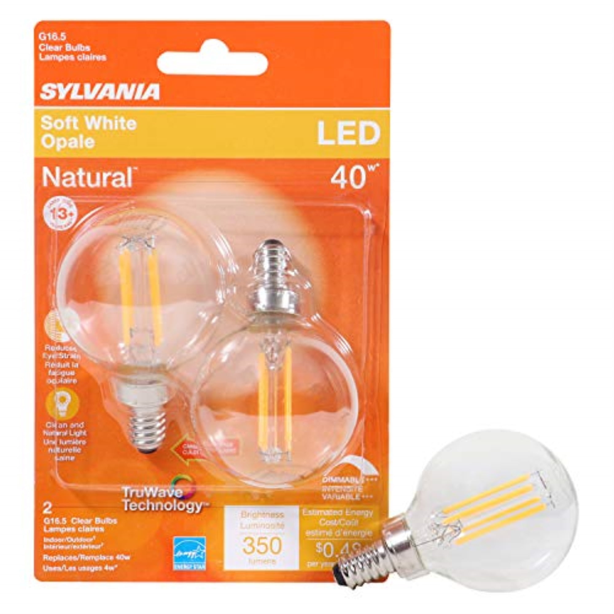 3005245 LED G16.5 E12 SW 40W 2PK Sylvania Natural G16.5 E12 (Candelabra) LED Bulb Soft White 40 W (Pack of 1)