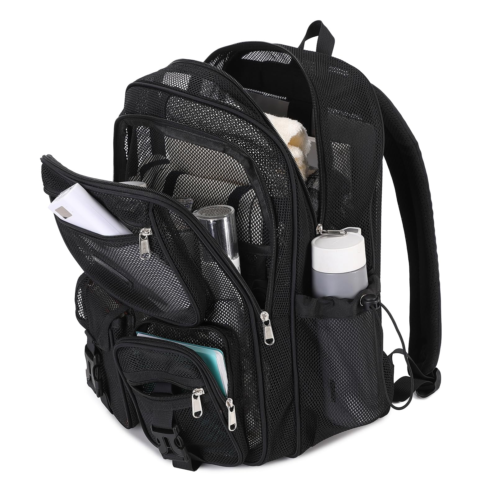 Soda Candy Mesh Backpacks for School Heavy Duty See Through Net Bookbag Semi-Transparent Net Back Pack for Beach, Swimming, Sports, Work, Travel, Black