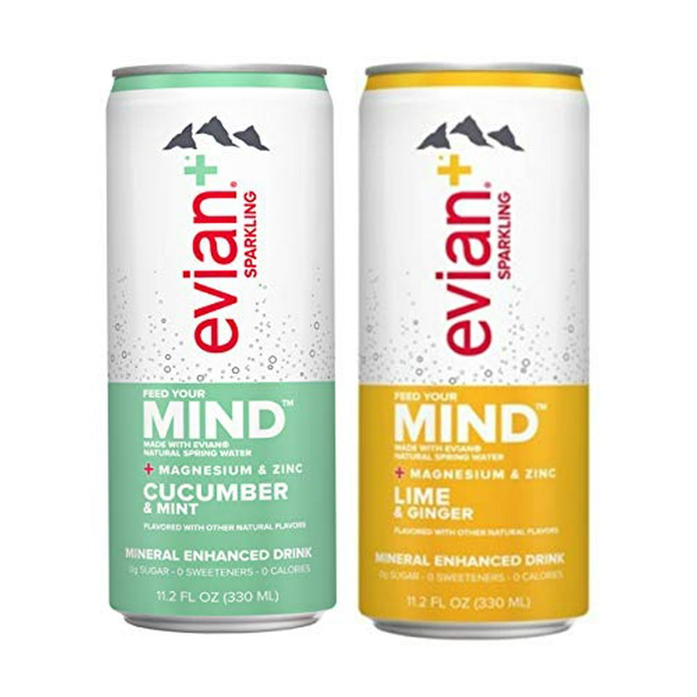 Evian mind sparkling water 11.2 fl oz, 6 cucumber, 6 lime ginger, total