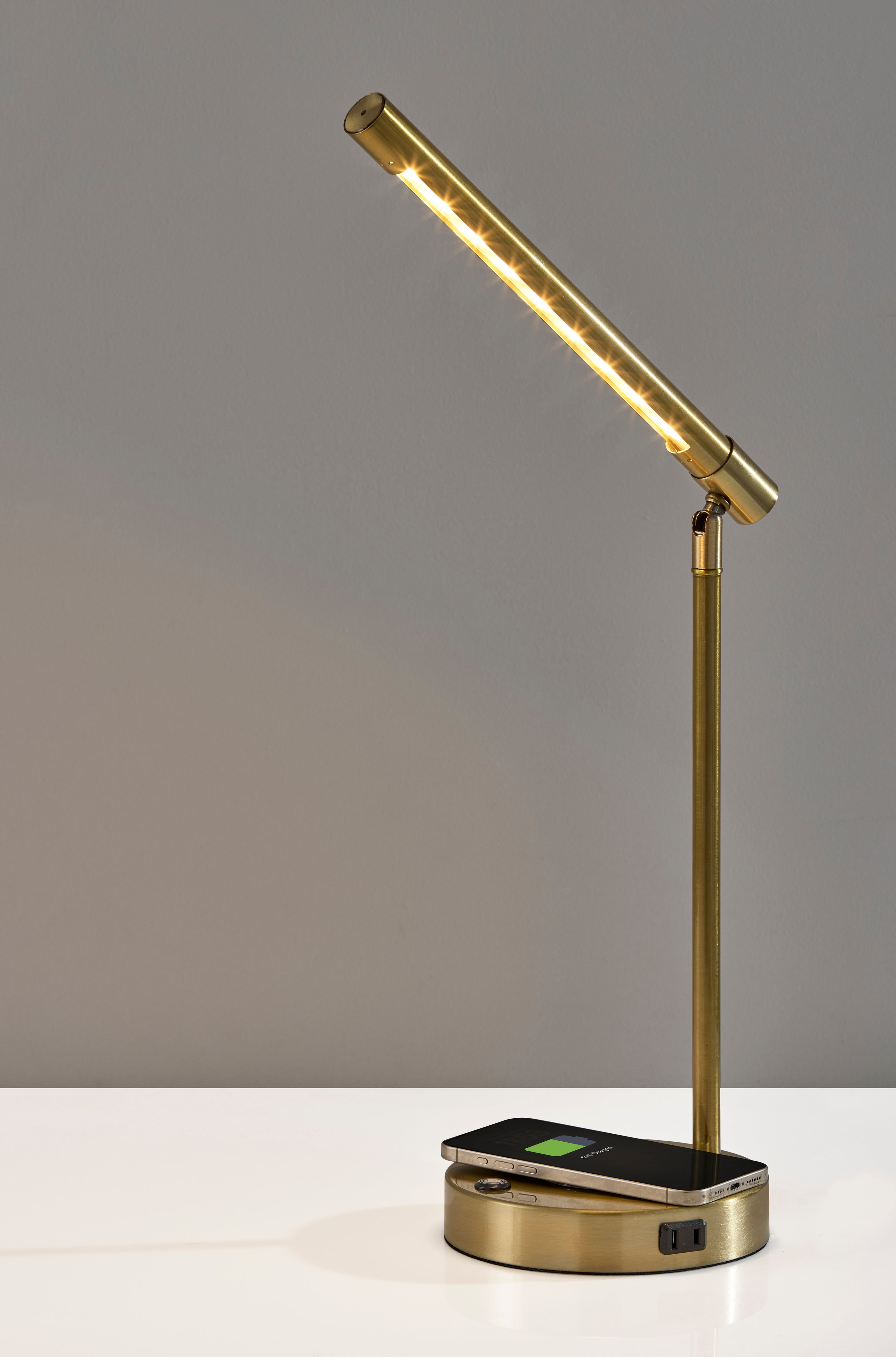 Adesso Dax 16-24" Wireless Charging AC Outlet & USB Port Touch Dimmer LED Brass Desk Lamp