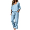 thumbnail image 2 of BRELIL Women's 2 Piece Sets Summer Wide Leg Pants V Neck Short Sleeve Tops Casual Lounge Matching Sets Solid Boho Vacation Travel Outfits Loose Tracksuit, Light Blue 2XL, 2 of 7