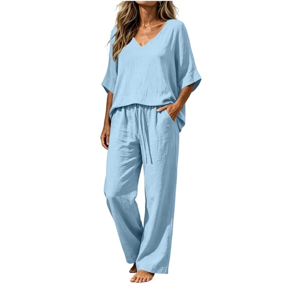 Floleo Women Solid V-Neck 3/4 Sleeve High-Low Faux Linen Top Drawstring Waist Wide Leg Pants 2 Piece Loungewear Set