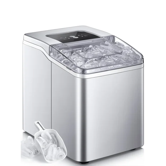 Ice Maker Countertop 2 Ice Sizes, 28 Lbs  Ice In 24H, Self-Clean, 9 Cubes In 5 Mins, Silver