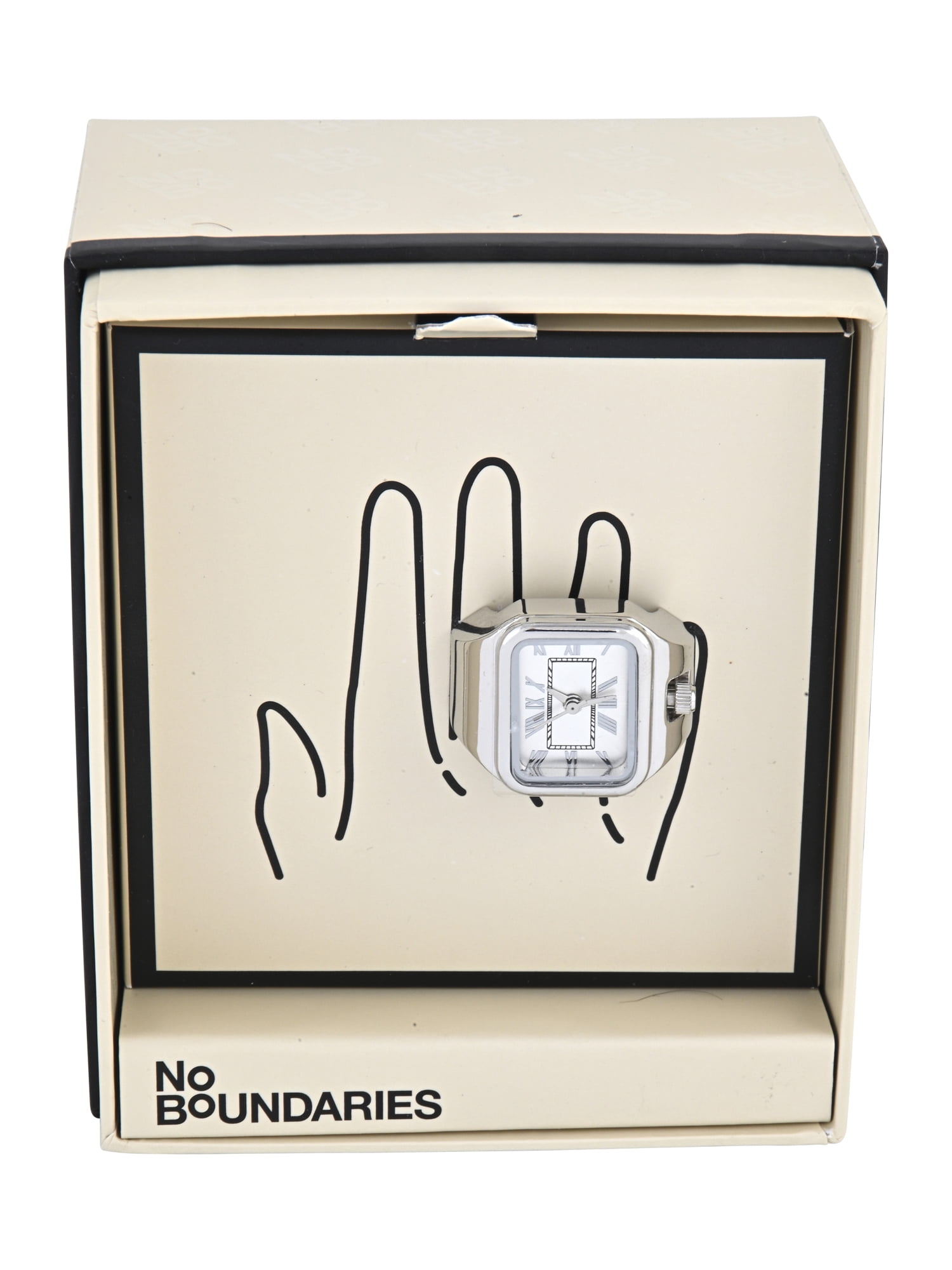 No Boundaries Adult Female Silvertone Square Case Ring Watch with Roman Numerals.