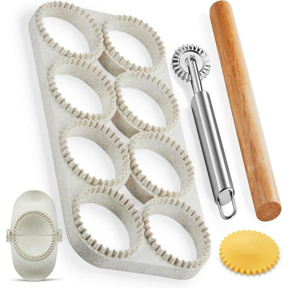 Maker Press, Ravioli Press Mold Set - Round Ravioli Stamp Maker Cutter with Wood Rolling Pin, 2.6" Empanada Maker Press Kit and Ravioli Wheel, Makes 8 Ravioli