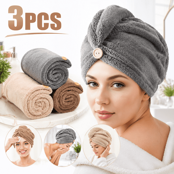 Emlimny 3 Pack Hair Drying Towels,Hair Towels with Button, Super Absorbent Microfiber Hair Towel for Curly Hair, Fast Drying Hair Wraps Turban for Women & Men, Soft Bath Towels for Shower, Travel