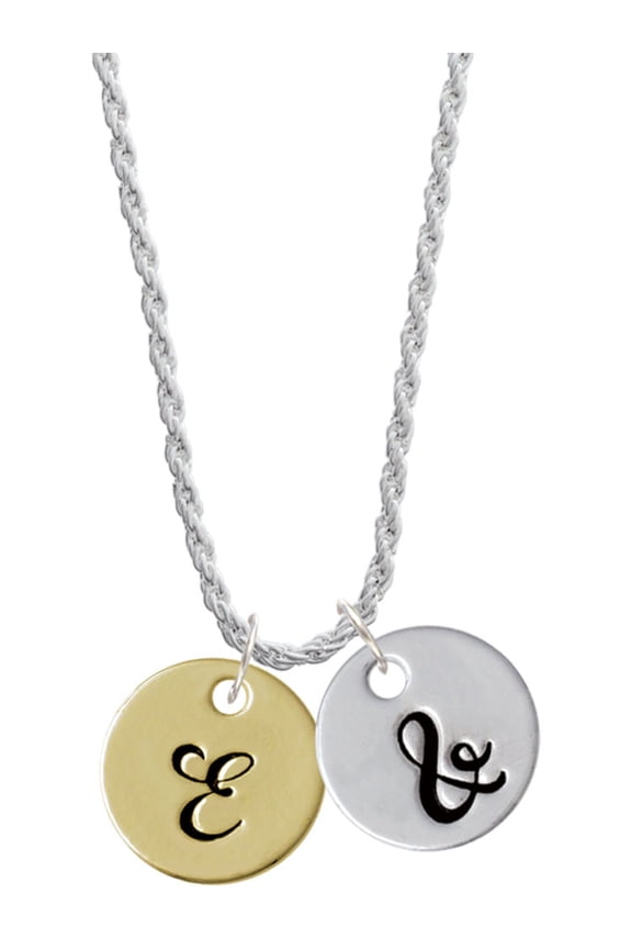 Goldtone Large Disc Letter - E - 3/4'' Silvertone Script Initial Disc - & - Charm Necklace, 20"+3"