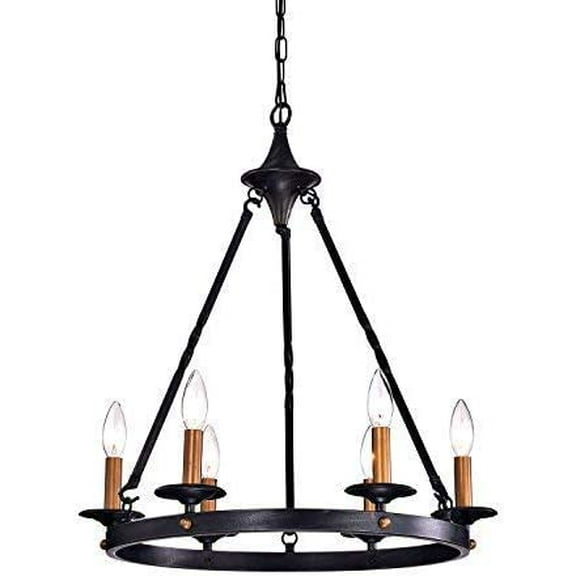 Edvivi Wagon Wheel Chandelier, 6 Lights Farmhouse Lighting Fixture with Antique Black Finish, Brass Candle Style Chandelier, Entryway, Living, Dining Room