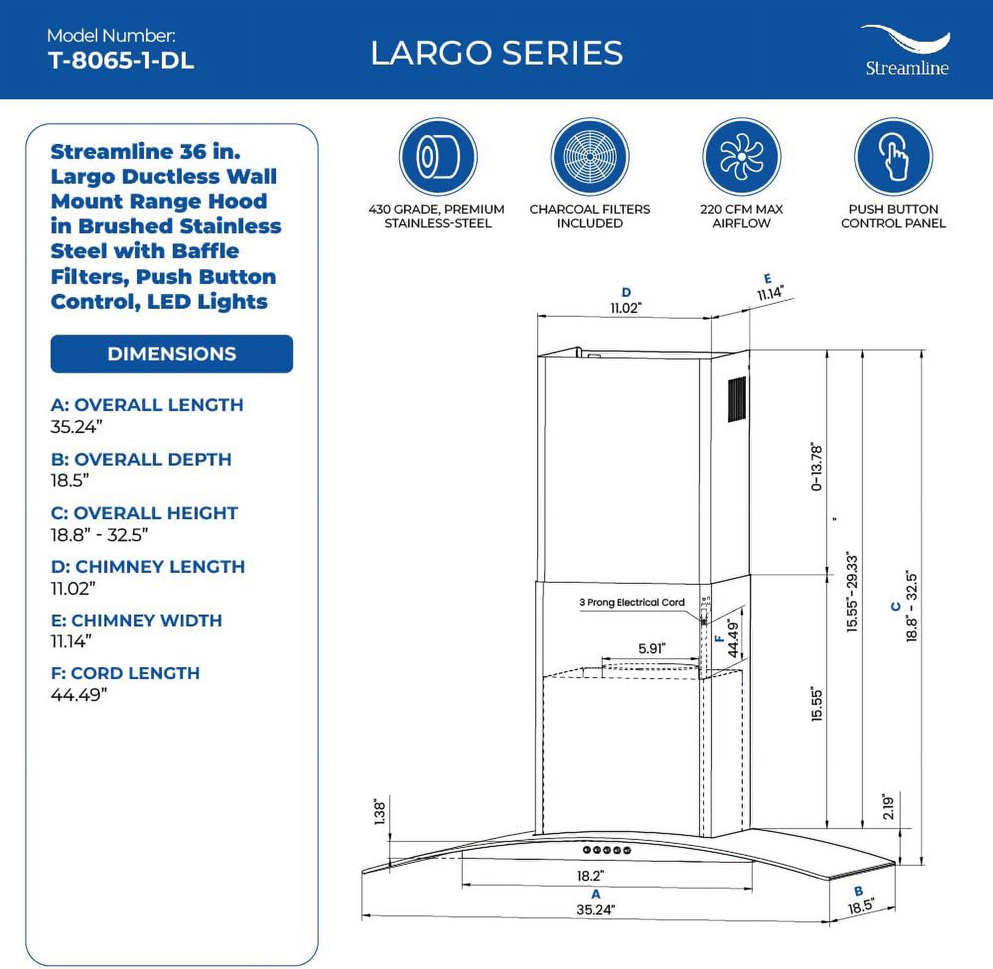 Streamline 36 in. Largo Ductless Wall Mount Range Hood in Brushed Stainless Steel with Baffle Filters, Push Button Control, LED Lights