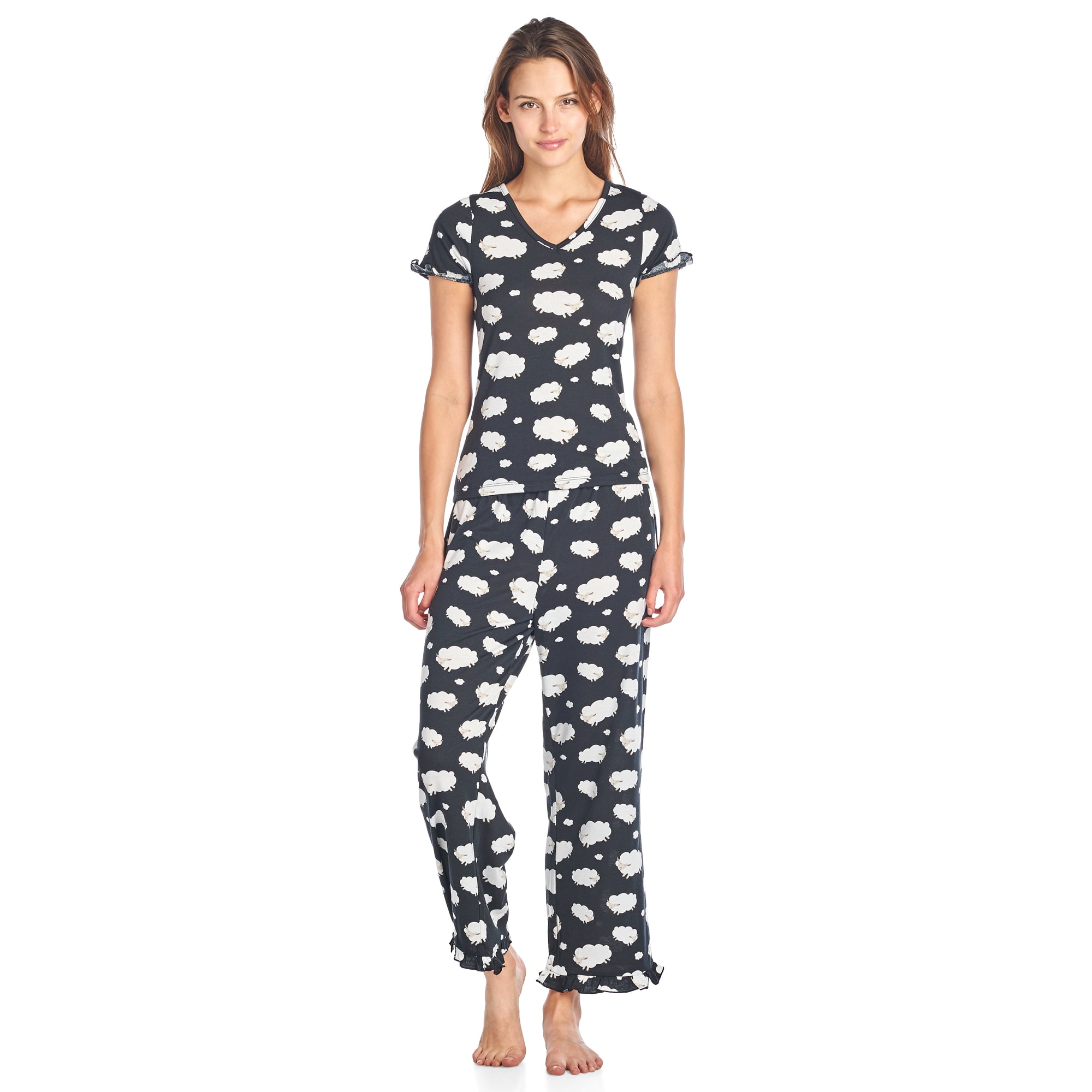 BHPJ By Bedhead Pajamas Women's Soft Knit Ruffle Short Sleeve Capri ...