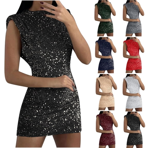 Fartey Women's Bodycon Mini Dresses Elegant Glitter Evening Gown Fashion Sleeveless Crew Neck Cocktail Party Sparkly Dress Wine XS