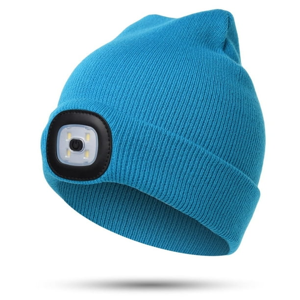 Gorro con luz LED para niños, regalo para niños y niñas, de invierno, suave, cálido, con luz, recargable por USB, 4 LED de alto brillo (azul claro).