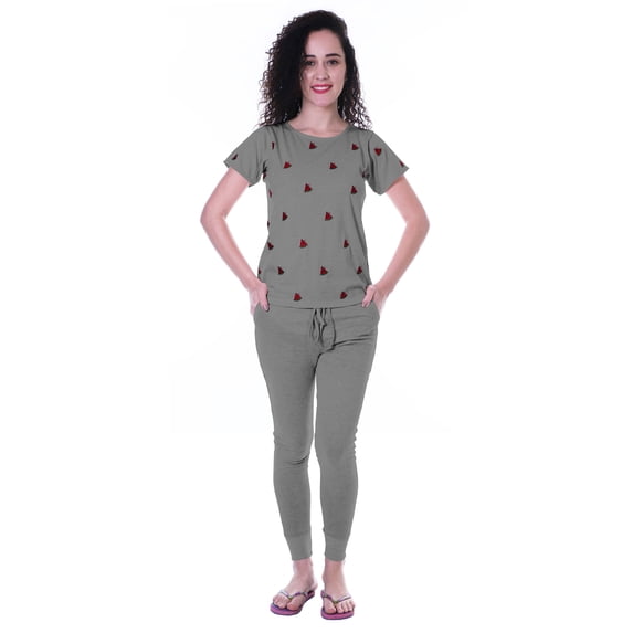 Moomaya Nightwear Set Watermelon Embroidery Slimfit Pyjamas Sleepwear 2 Pcs Set