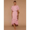 thumbnail image 3 of Pink Womens Tiered Ruffle Hem Midi Dress With Flared Short Sleeves, Round Neck, Elegant For Evening Or Cocktail, 3 of 7