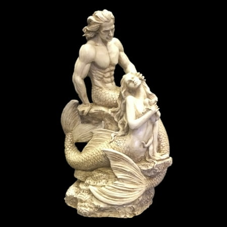 Antique Outdoor Statues Homestyles 18 in. Sexy Merman & Mermaid on the Oceans Rock in Antique White Finish Nautical Garden Beach Statue ()