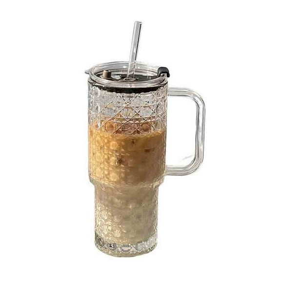 Gobelets en Verre de 24 Oz à Relief Diamant avec Couvercle et Paille, Verres Transparents avec Poignée pour Café Glacé, Smoothies et Jus