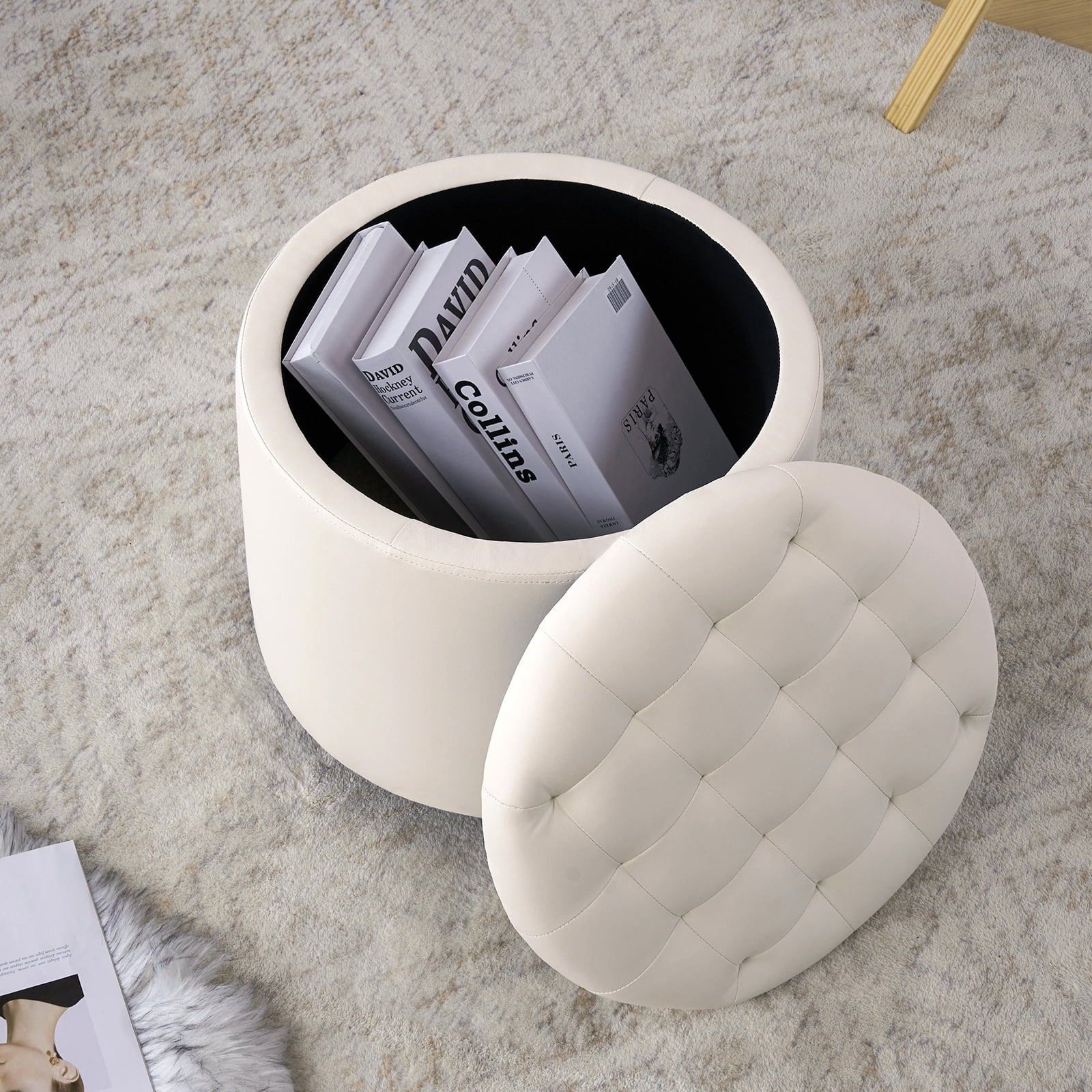 Furniliving Modern Round Storage Ottoman Tufted Footrest Stool Ottoman Bench for Living Room, Bedroom and Office, Faux PU-IvoryWhite