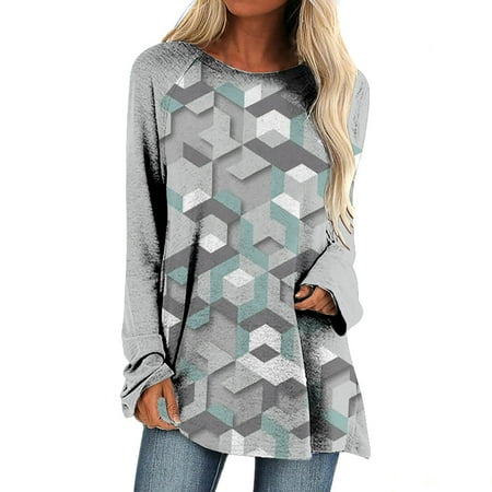 

Ichuanyi Womens Fall Tops Clearance Women Long Sleeve Casual Shirts Print Round Neck Pullover Loose Tops