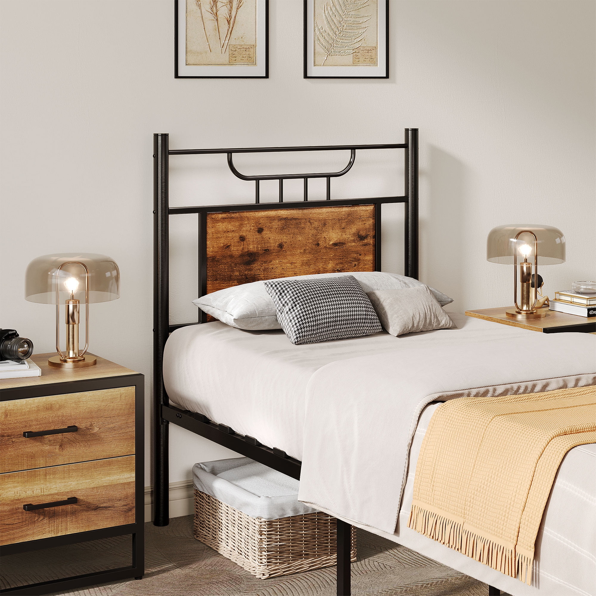 Uforic Farmhouse Twin Size Metal Bed Frame with Headboard & Soundproof Cotton, Black