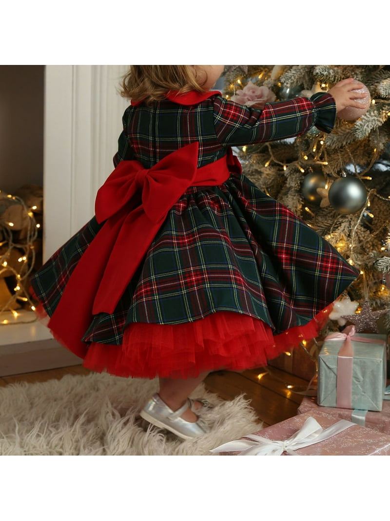 Kids Toddler Baby Girl Christmas Outfits Buffalo Plaid Dress Bow Tulle Tutu Skirt Princess Dress Xmas Holiday Party Dresses