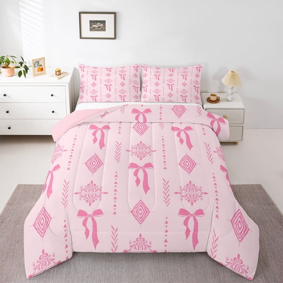 Feelyou Girly Pink Bowknot Full Size Comforter Sets, Retro Boho Damask Bedding Sets, 3pcs