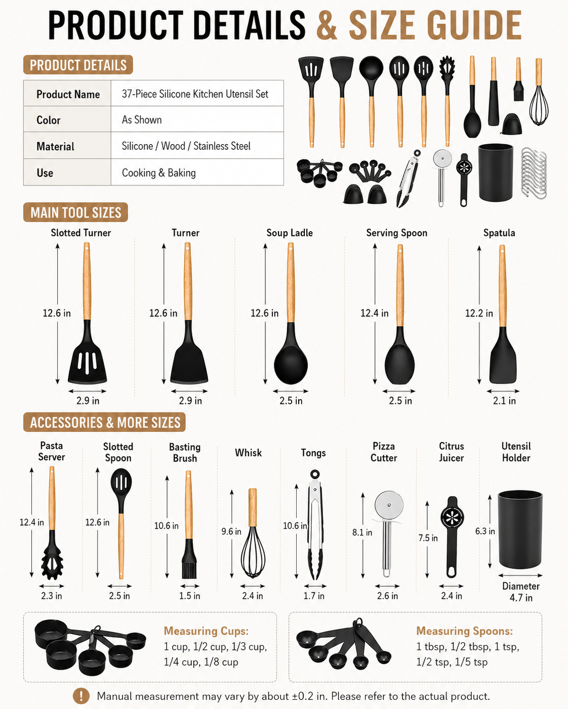 NULAS 37-Piece Silicone Utensil Set With Holder, Black photo 5