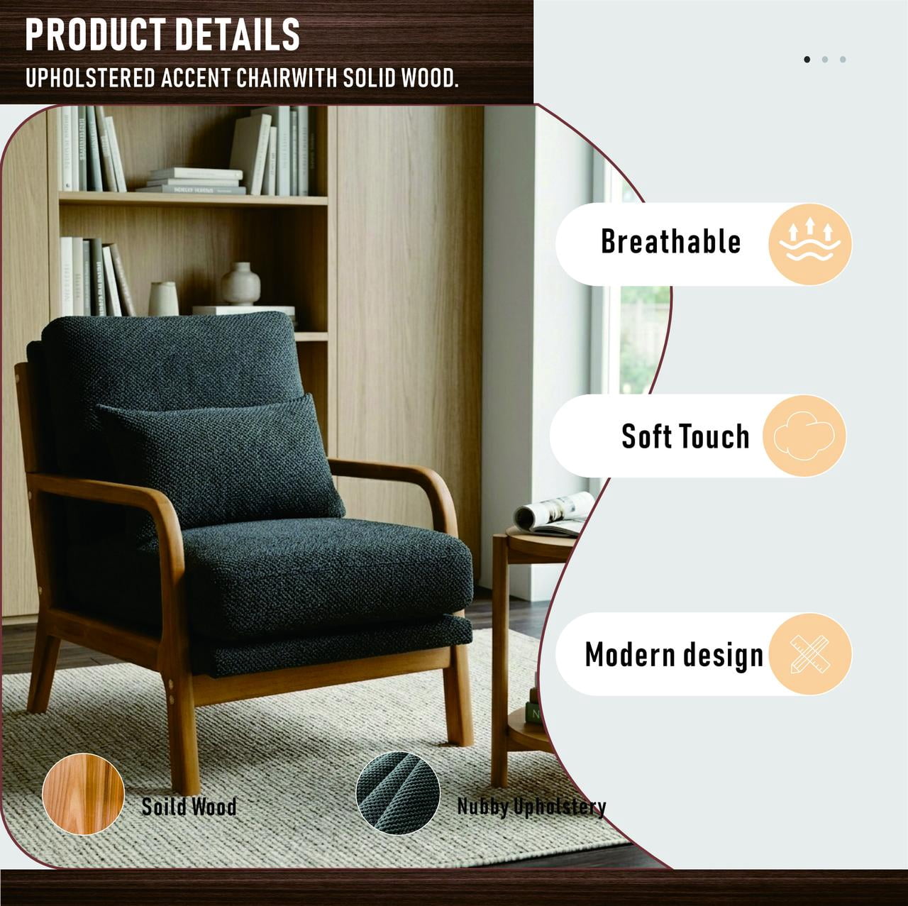 Homy Casa Mid-Century Modern Reading Chair, Upholstered Accent Armchair with Wood Frame, Dark Gray