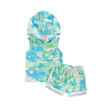 

Musuos Baby Boys Shorts Set Tie-dye Print Hooded Vest with Elastic Waist Shorts Summer Outfit