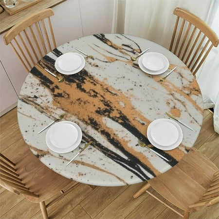 

PHYHOO Summer Round Fitted Tablecloth with Elastic Edged marble printed Table Cover Polyester Washable Table Cloth for Indoor Outdoor Party Wedding Use 38 -42