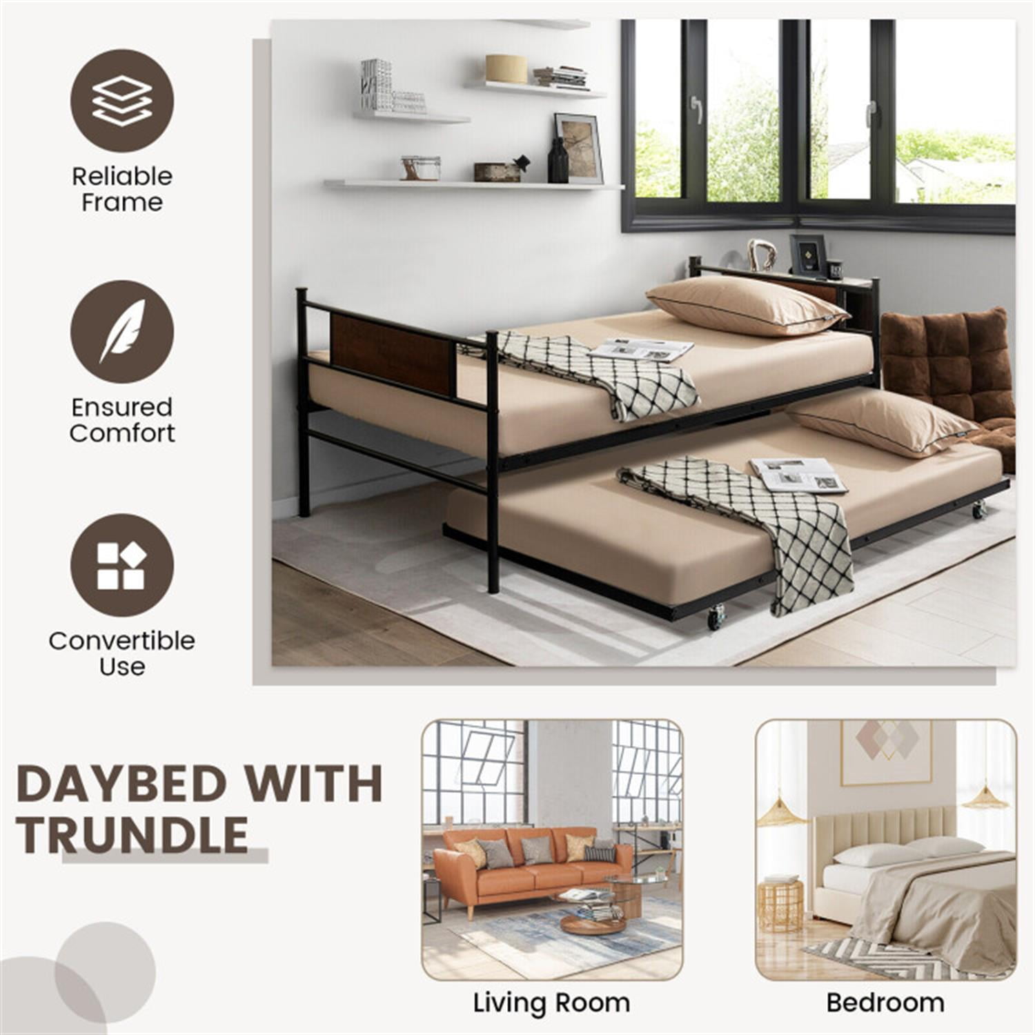 Demi Bonn Twin Size 2-In-1 Daybed Frame with Pullout Trundle, Modern Bed Frame for Teens, Black