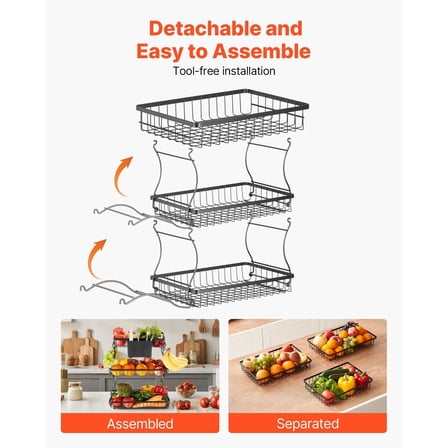 3-Tier Fruit Basket Bowl Stand with Banana Hanger, Kitchen Countertop Storage Organizer for Fresh Fruits and Vegetables