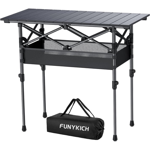 Portable Aluminum Folding Picnic Table with Adjustable Height (17.3 in and 27.6 in), Black Rectangular Design, Foldable with Storage Compartment and Carry Bag