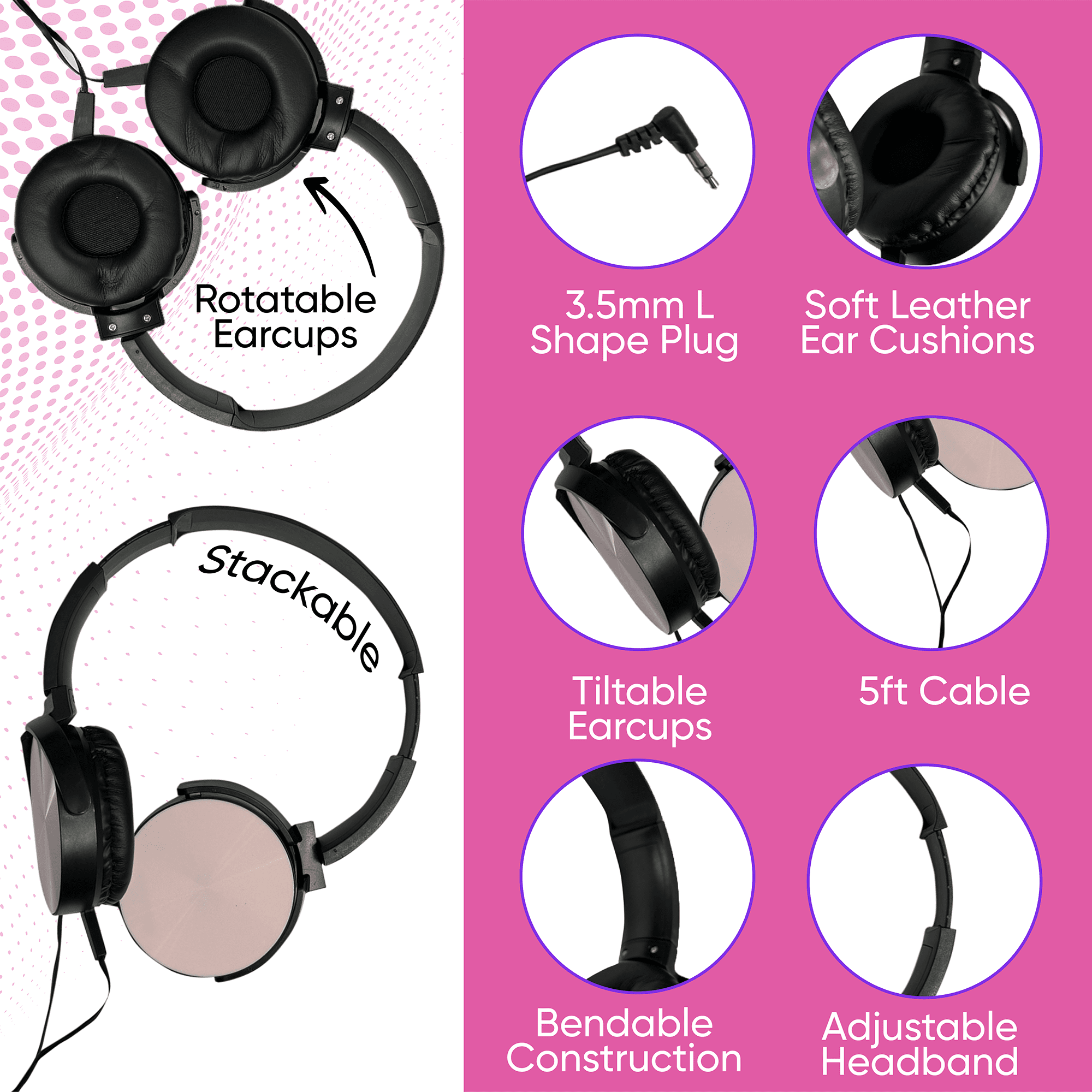 Bulktech Wired On-Ear Leather Headphones with 3.5mm Connector, Round Metal Housing, Bulk Wholesale, 100 Pack, Black Color