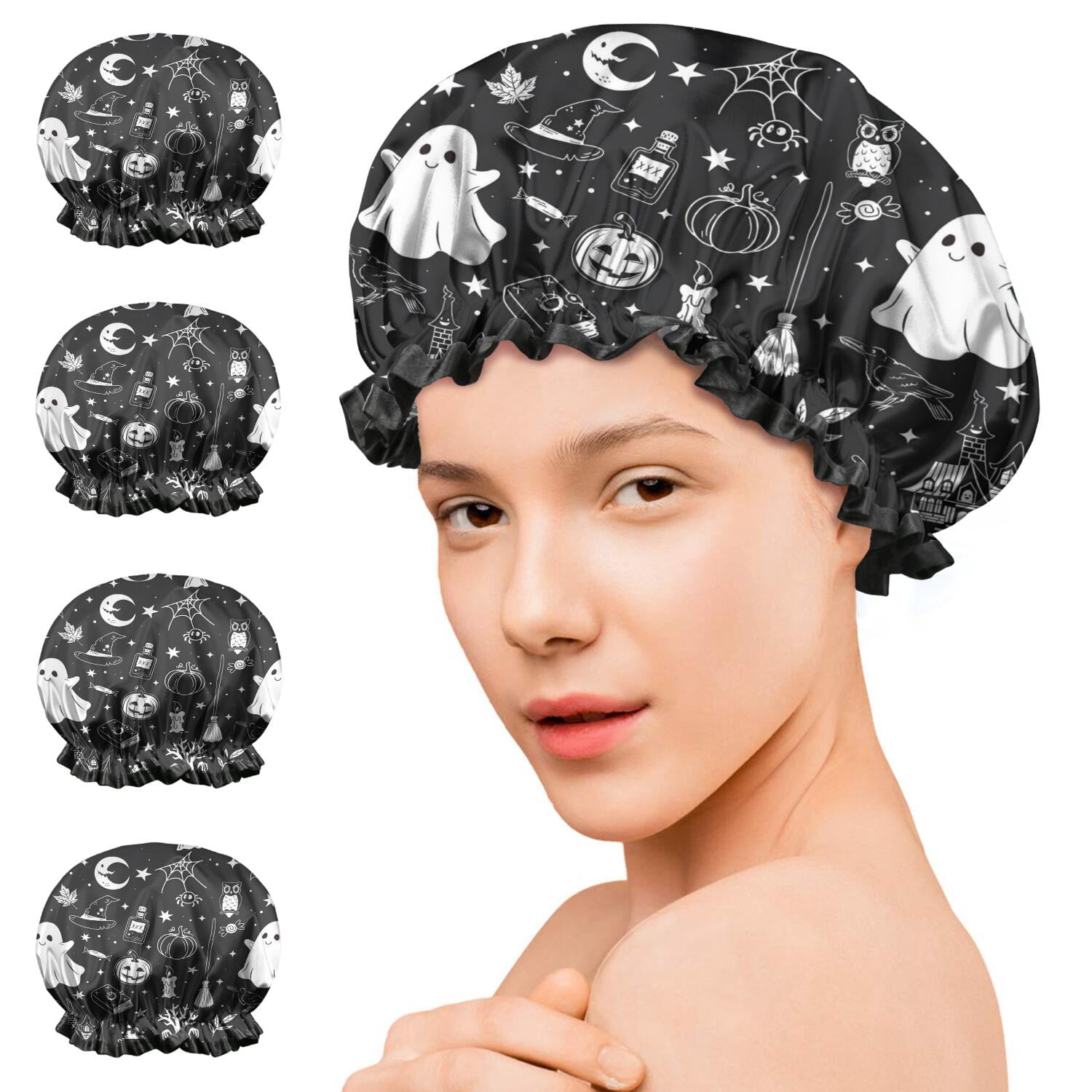Shower Caps,Black and White Halloween Elements Pattern Waterproof Shower Cap for Women 4 Pieces,Double Reusable Hair Cover for Shower PEVA Elastic Stretch Hem