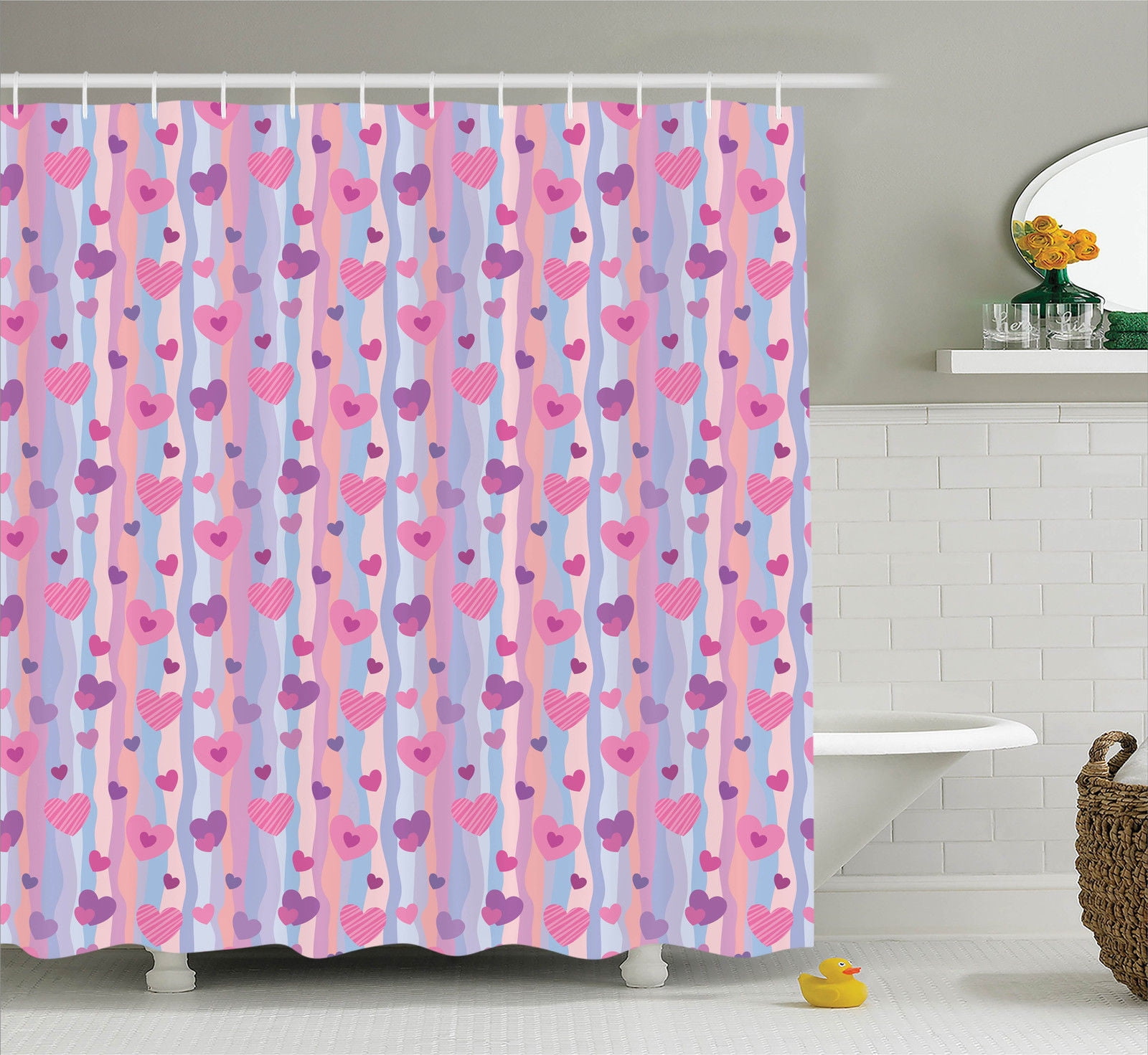 Love Decor Shower Curtain Set, Hearts For Valentine Vertical Stripes