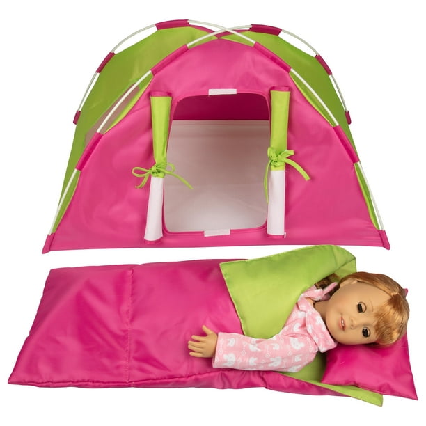 Dress Along Dolly Doll Camping Bed Tent w Sleeping Bag & Pillow - Furniture  Accessories for American Girl & 18 Dolls - Large Sized -23x 15x14