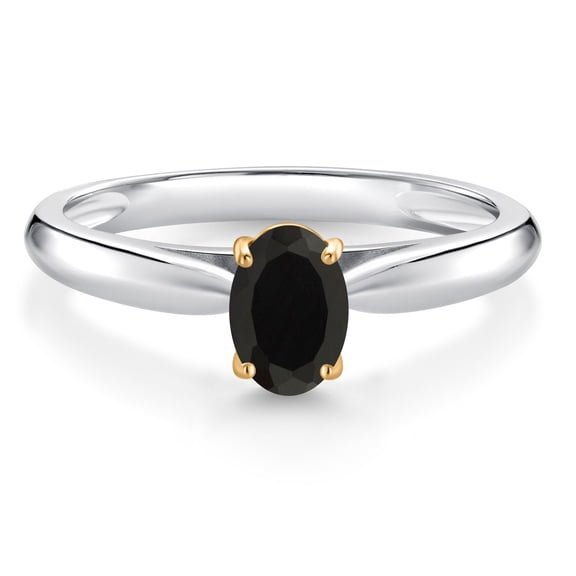 Gem Stone King 0.40 Ct Oval Black Onyx 925 Silver and 10K Yellow Gold Solitaire Engagement Ring (Size 9)