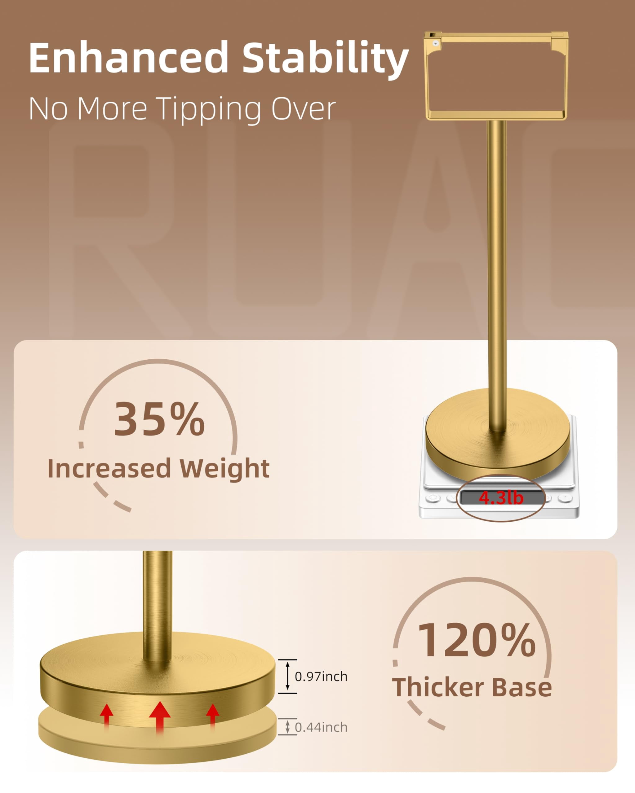 RUACQ Toilet Paper Holder Stand, Magnetic Closure Toilet Paper Stand with Lift-Up Rotating Arm, SUS304 Stainless Steel Bathroom Toilet Paper Holder Free Standing, Weighted Base (Brushed Gold)