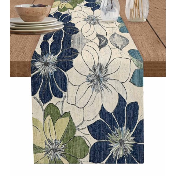 Vintage Botanical Flowers Table Runner 90 Inches, Rustic Floral Beige Burlap Bed Runner Dresser Scarves Tabletop for Indoor Outdoor Parties/Ceremony/Banquet, 13" x 90"