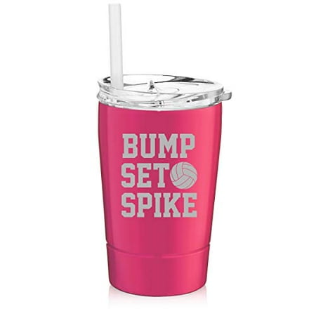 

12 oz Tumbler Double Wall Stainless Steel Vacuum Insulated Coffee Travel Mug With Straw Bump Set Spike Volleyball (Hot Pink)