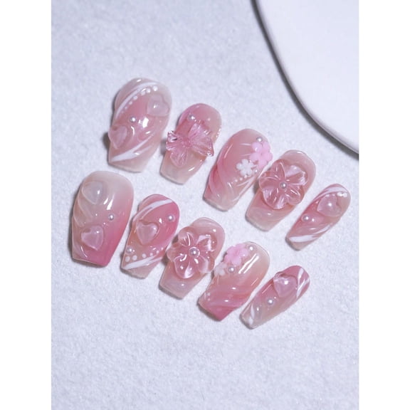3D Floral Pattern Blush Pink Color 100% Handmade Press Nails 10pcs Nail Tips Coffin Short