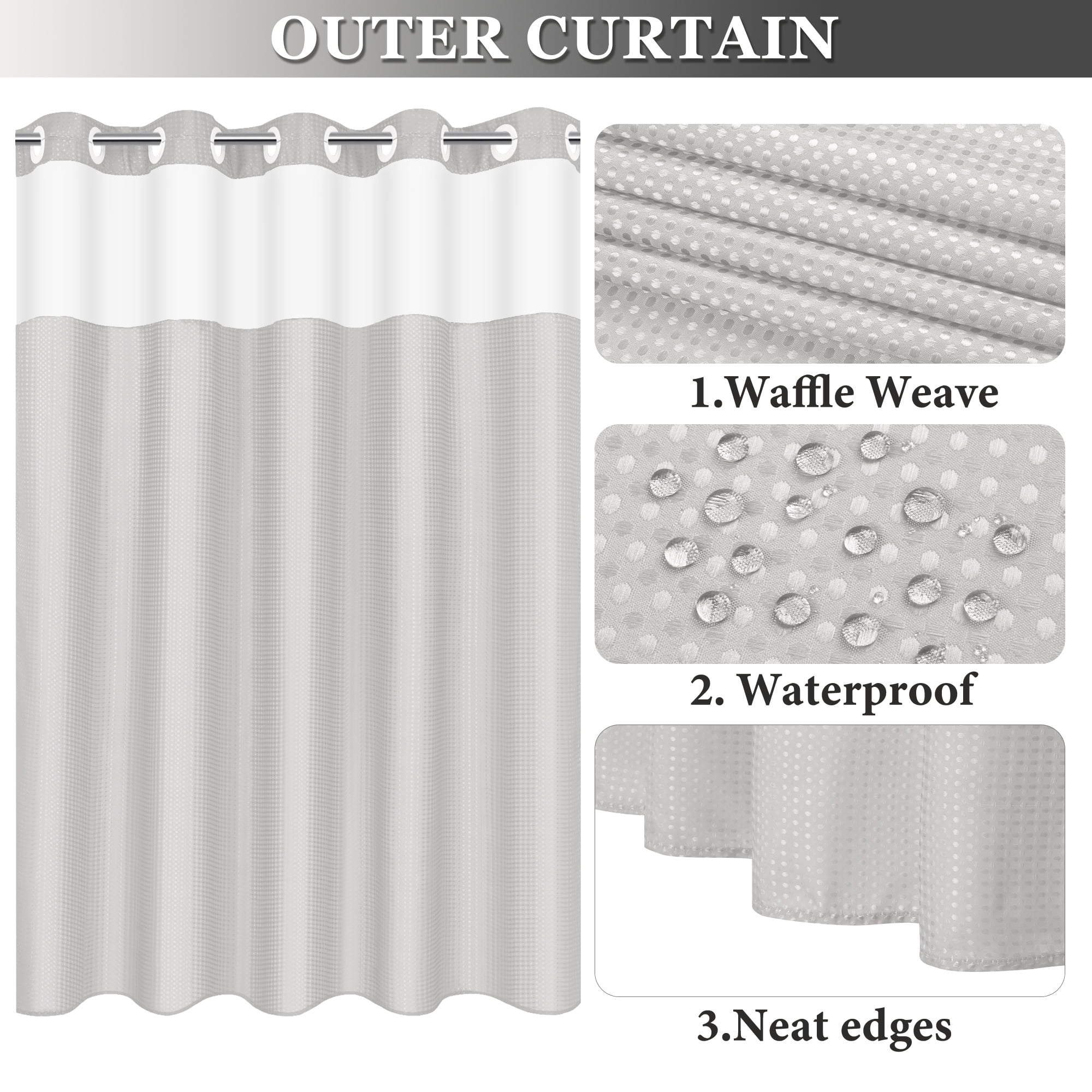 Ikfashoni Light Gray Hookless Shower Curtain with Snap in Liner,Waffle Weave Waterproof Fabric Mesh Window Bathroom Curtain,72"X74"