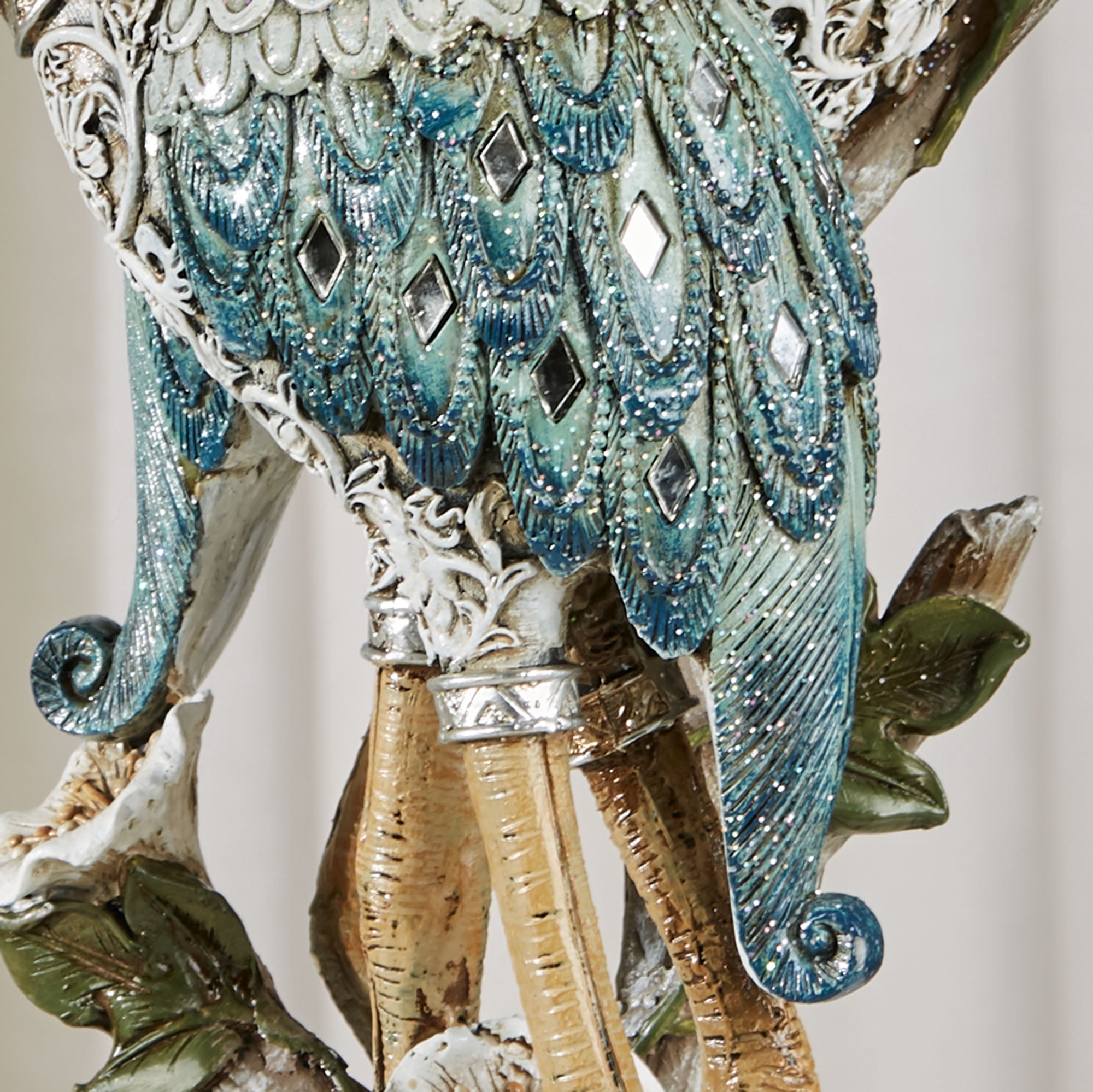 Devoted Cranes Table Sculpture Teal - Made of Resin Coastal Shorebirds - Diamond Mirror Insets, Glitter Accents - Flowers, Vining Leaves Base - Measures 5 Inches Wide, 16 Inches High