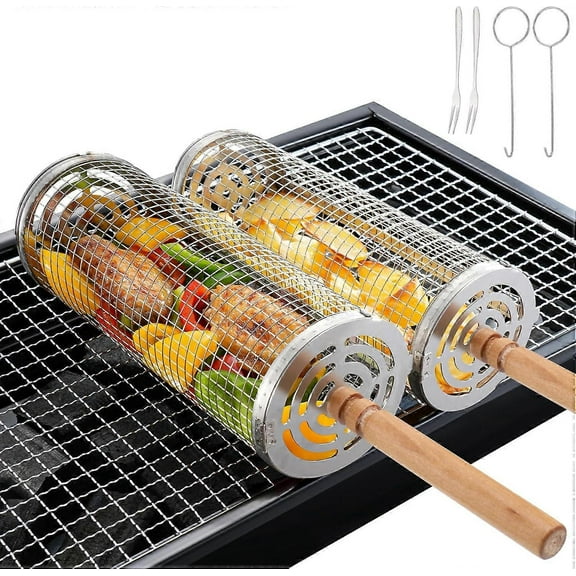 2-Pack Stainless Steel Rolling Grill Basket with Removable Wooden Handle, Portable Grill Accessories, Outdoor Grilling