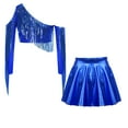 thumbnail image 6 of TSSOE Kids Girls 2 Piece Sequin Jazz Dance Outfit Long Sleeve Metallic Fringed Crop Top and Mini Pleated Skirts Set Royal Blue 16, 6 of 7