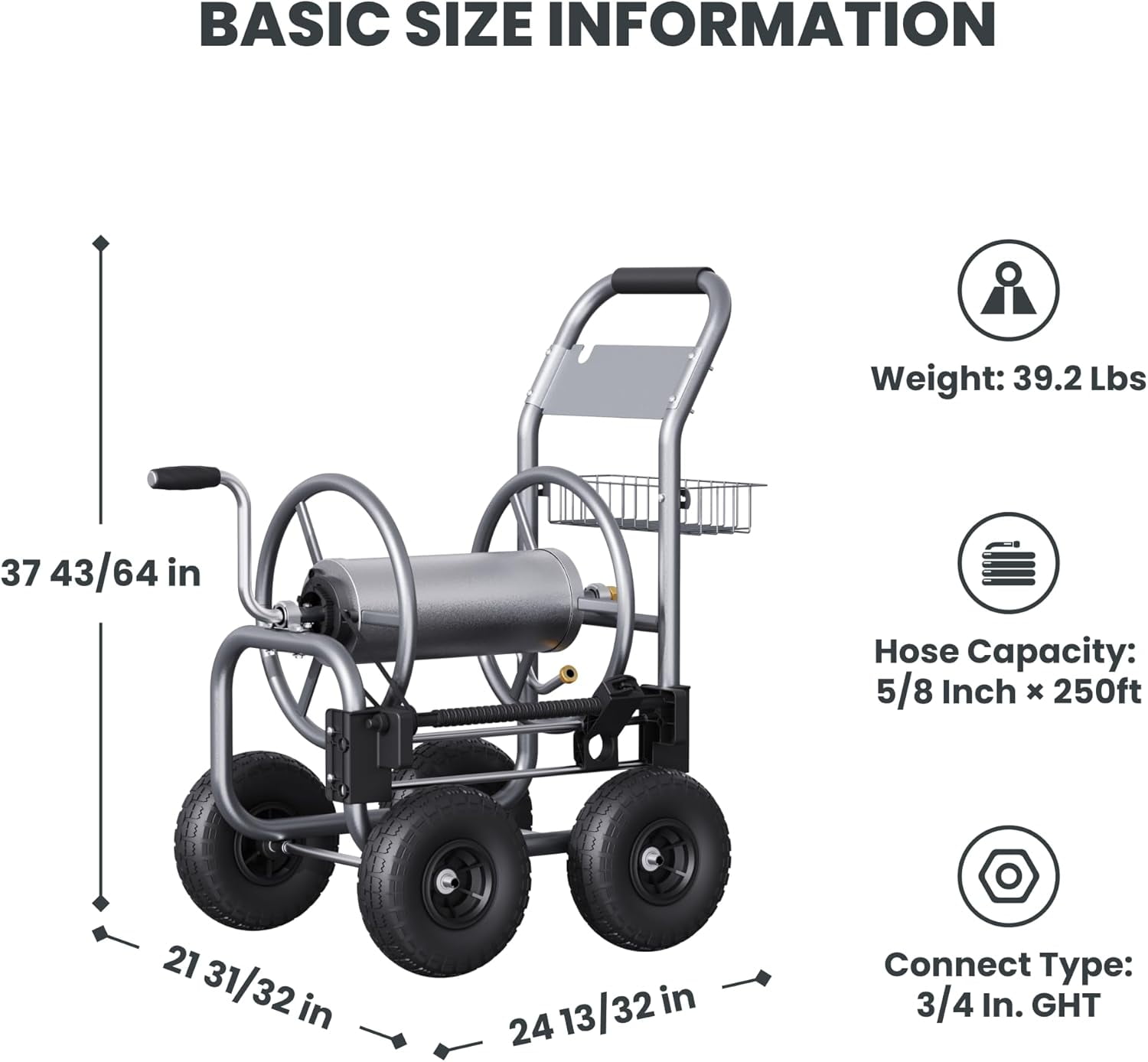 Giraffe Tools Heavy Duty Industrial Garden Hose Reel Cart with Wheels, 5/8in-250ft Hose Capacity