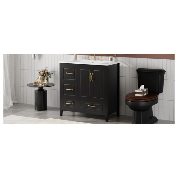 36 inch Bathroom Vanity with Sink, One Cabinet with Soft-closing Doors, 4 Soft-Closing Drawers, Metal Handles, Black
