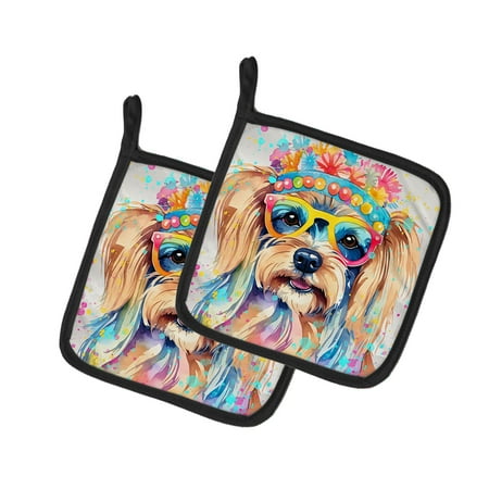 

Yorkshire Terrier Hippie Dawg Pair of Pot Holders 7.5 in x 7.5 in