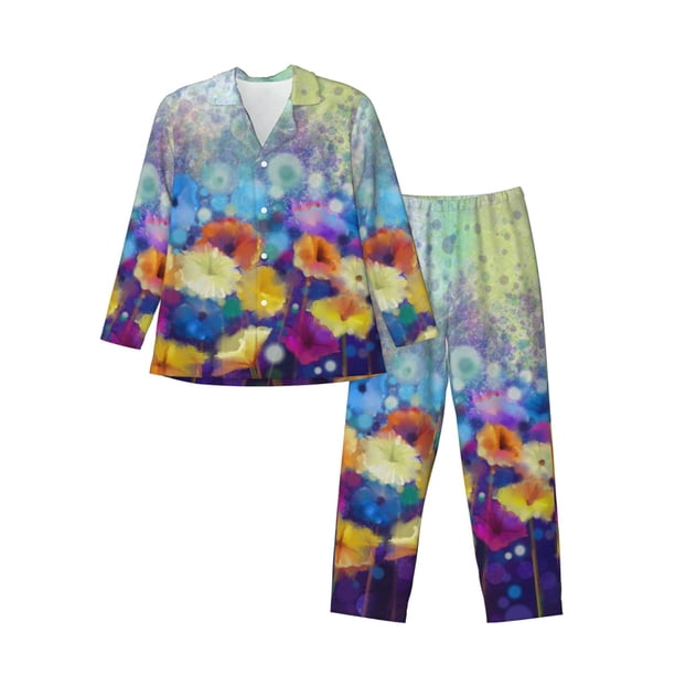 Balery Spring Flower Seasonal Pijama para Hombre de Dos Piezas con Manga Larga, Conjunto de Dormir y Descanso Suave con Bolsillos-Large